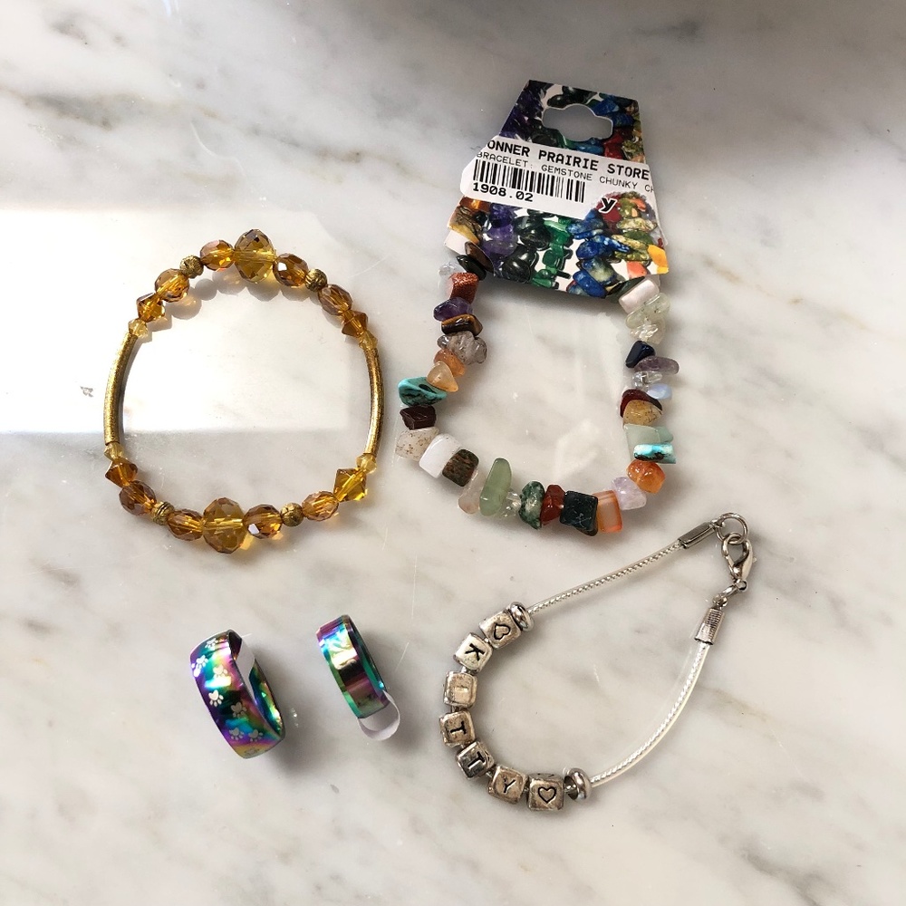 Lot of 5 Mixed Jewelry Gemstone Glass Bead KITTY Bracelets Stainless Steel Rings